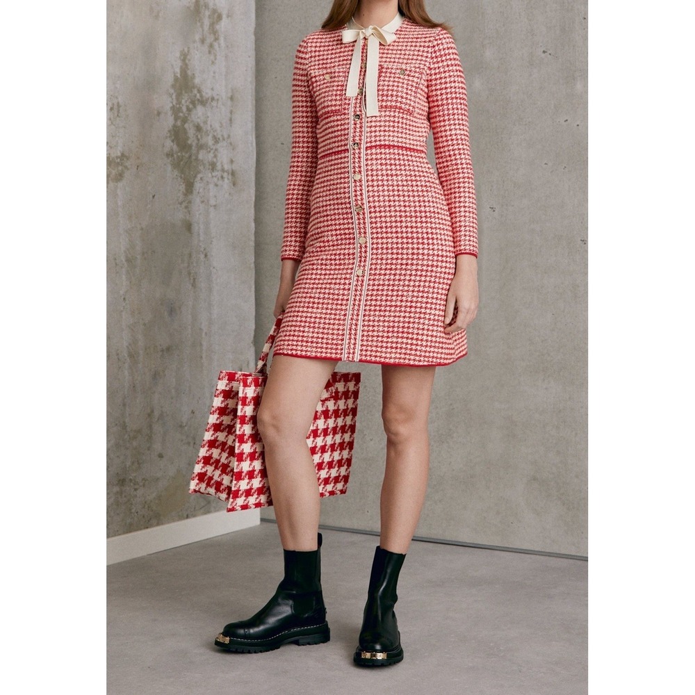 Sandro Edmee Houndstooth Knit Dress US 10 FR 42 Red Cream Bow Gold Button